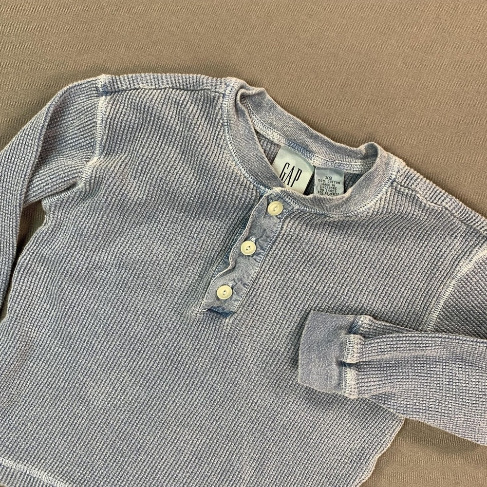 Gap Shirt Kids XS Blue Thermal Henley Long Sleeve Waffle‎ Knit Cotton Casual Top